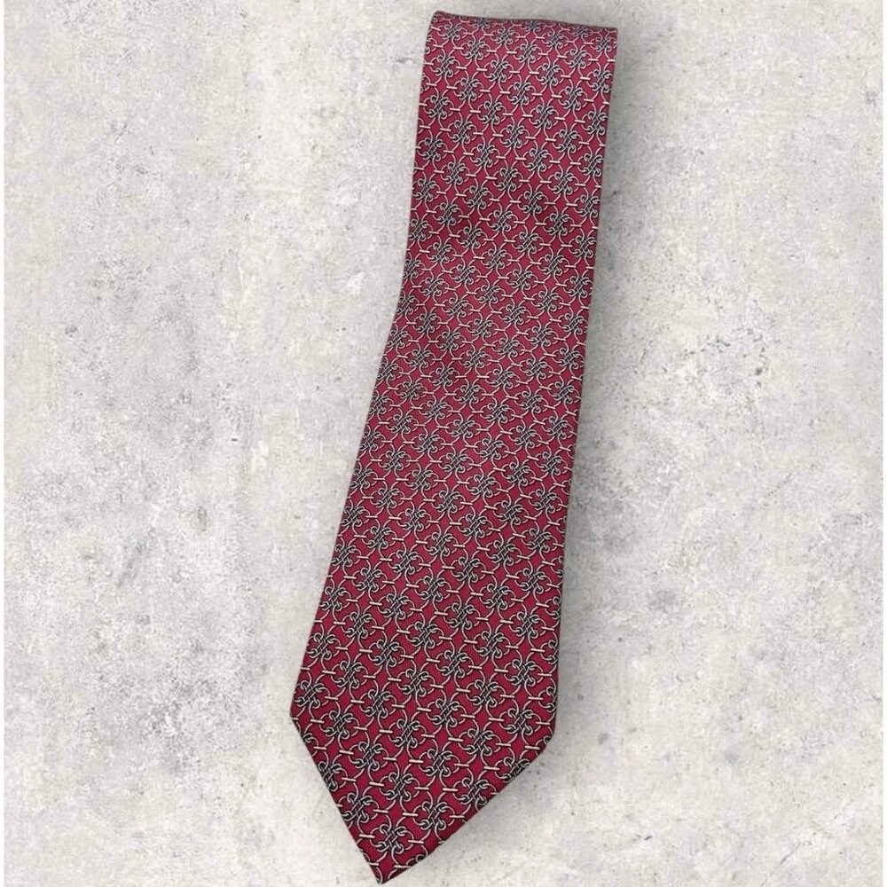 HERMÈS 7840 UA Silk Tie FRANCE Red Gray Chain W:3.6" EUC